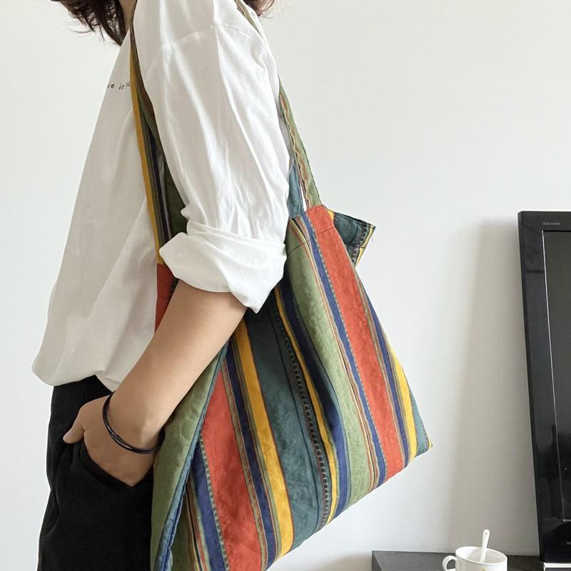 

Small Niche Ins Retro Contrasting Color Rainbow Stripe Shoulder Bag Thin Lazy Cotton Linen All-match Large-capacity Canvas Women s