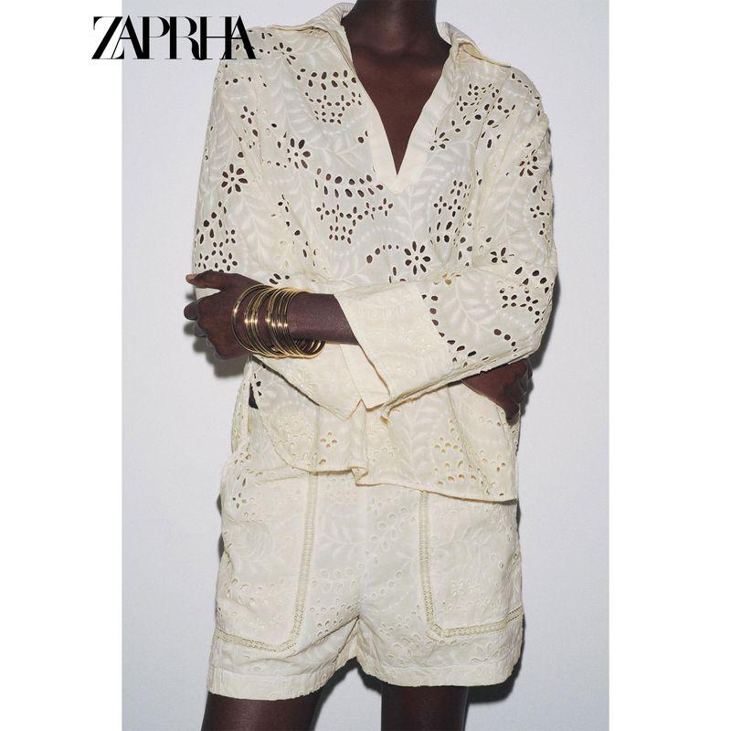 Zaprha 2025 Summer New Outer Wear Casual Thin Hollow Embroidered Bermuda Mid Waist Shorts 4786106