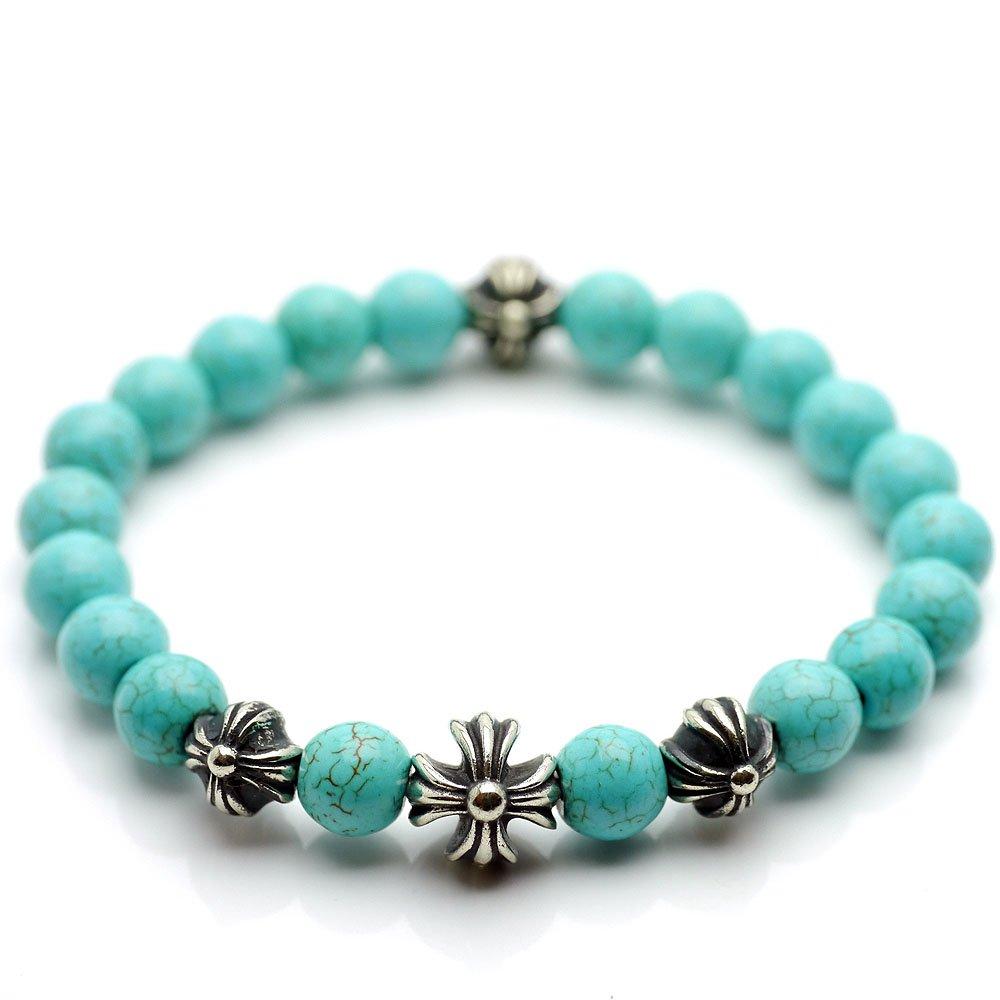 

MA Cross Ball Turquoise Bracelet Beads Blue Floral Flare Width 8mm [Silver One] Men s