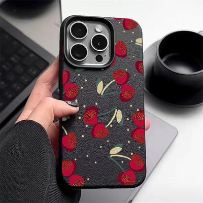 Capa Macia Fosca com Estampa de Cereja Vermelha Para iPhone 16 Pro Max 15 14 Pro 13 12 11 À Prova de Choque TPU Textura de Couro Fina Capa de Celular