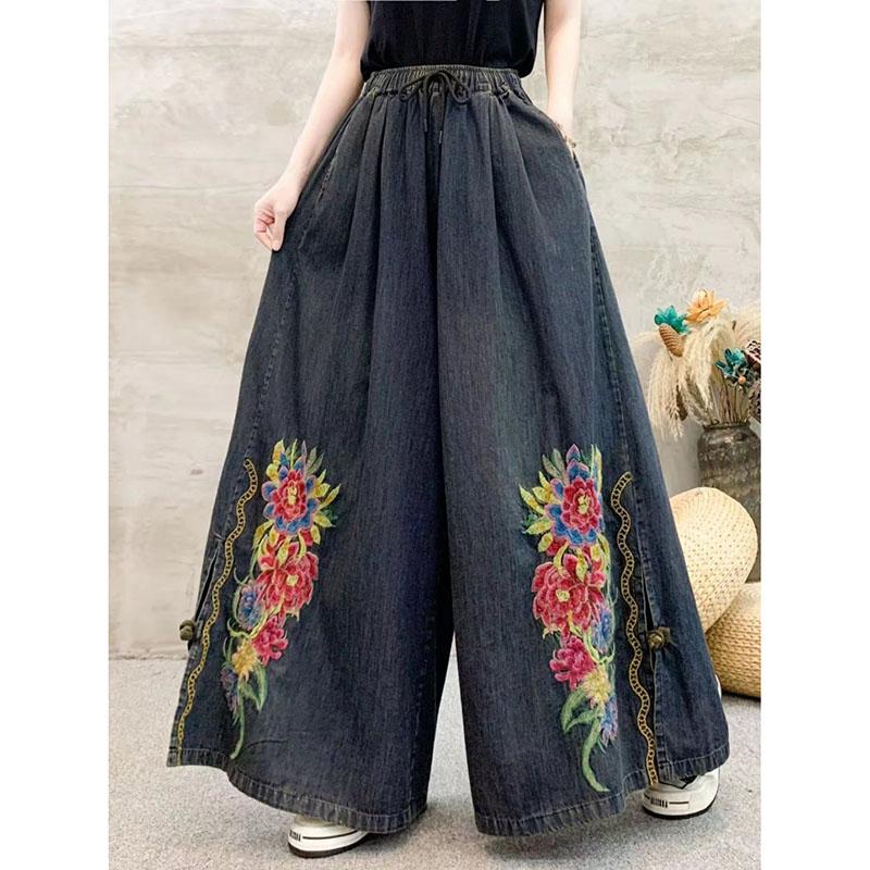 Vintage Style Embroidered Denim Pants Women Autumn Loose Plus Size High Waist Wide Leg Pants Streetwear Casual Jeans 2025