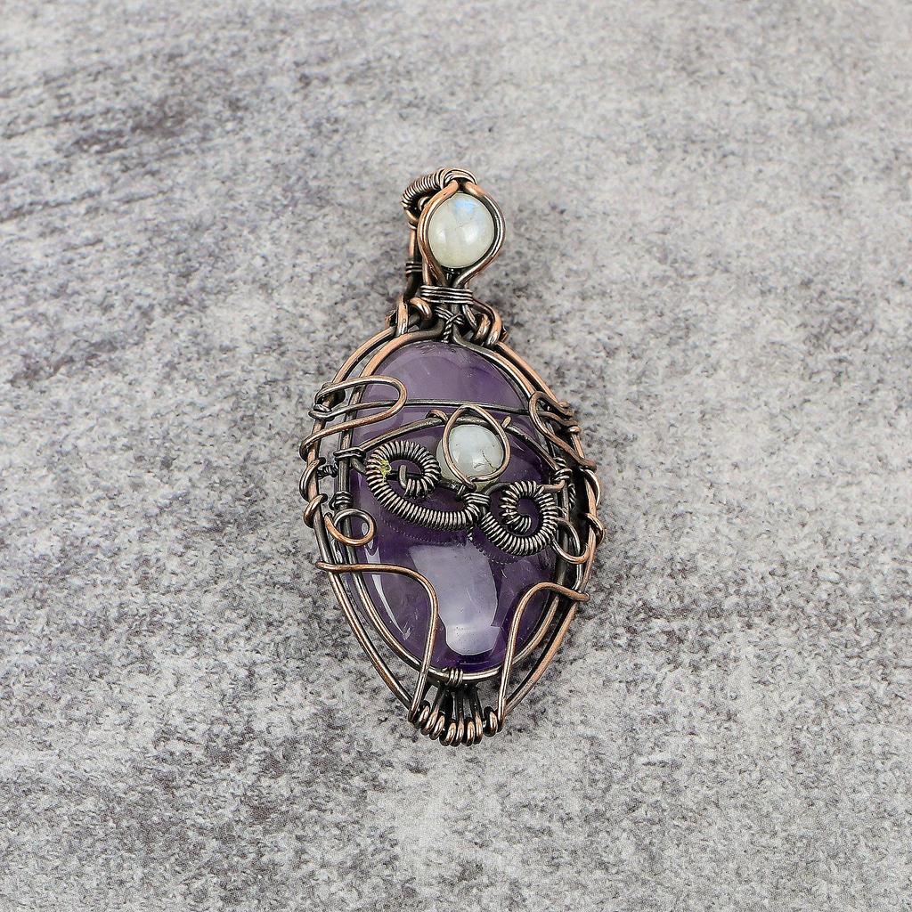 Amethyst & Rainbow Moonstone Pendant Gemstone Jewelry, 999 Copper Wire Wrapped Pendant, Gift For Women Handmade Pendant