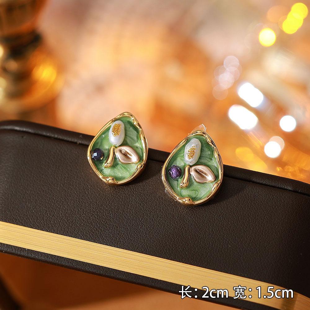 Ainibenni Original Design Enamel Painted Earrings for Women, Monet Garden Oil Painting Style Stud Earrings
