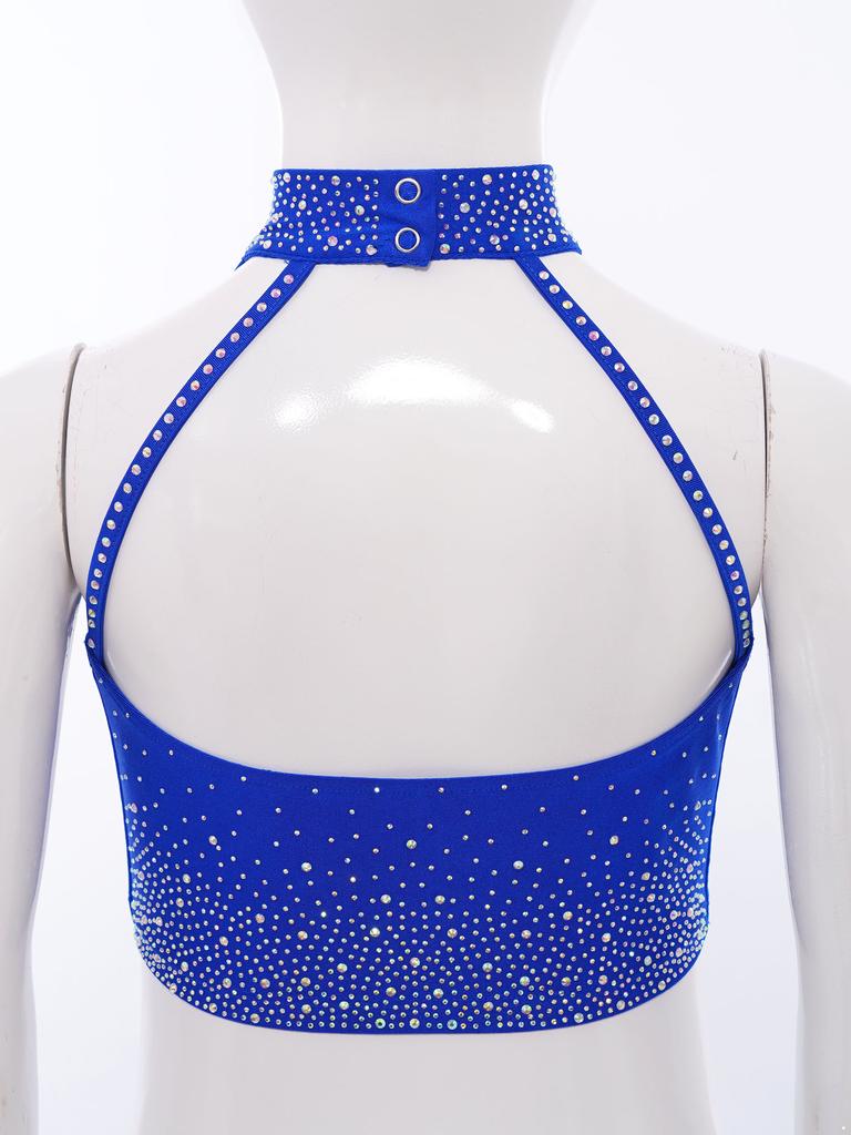 Kids Gymnastics Top Halter Sleeveless with Sparkling Rhinestones Cross Front Backless Dance Wear Costume