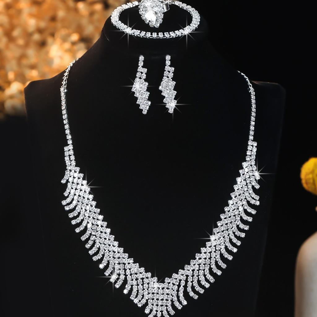 Best-selling Exquisite Claw Chain Necklace Earrings Full Diamond Rhinestone Two-Piece Set Collarbone Silver Wedding Party Gift