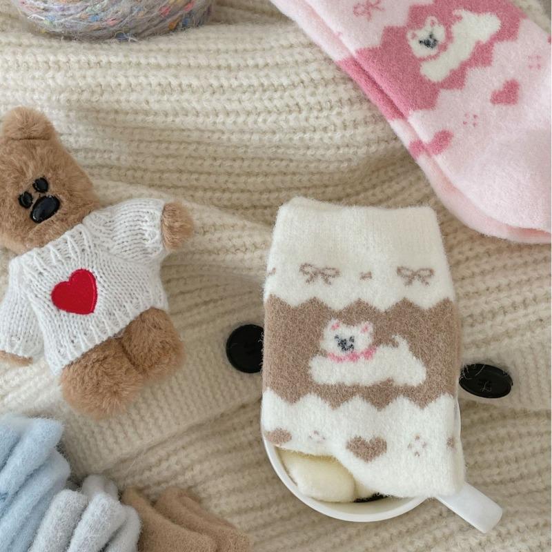 Cartoon plush socks women's medium tube socks autumn and winter plush warm cute bow puppy Australian velvet winter sleep socks