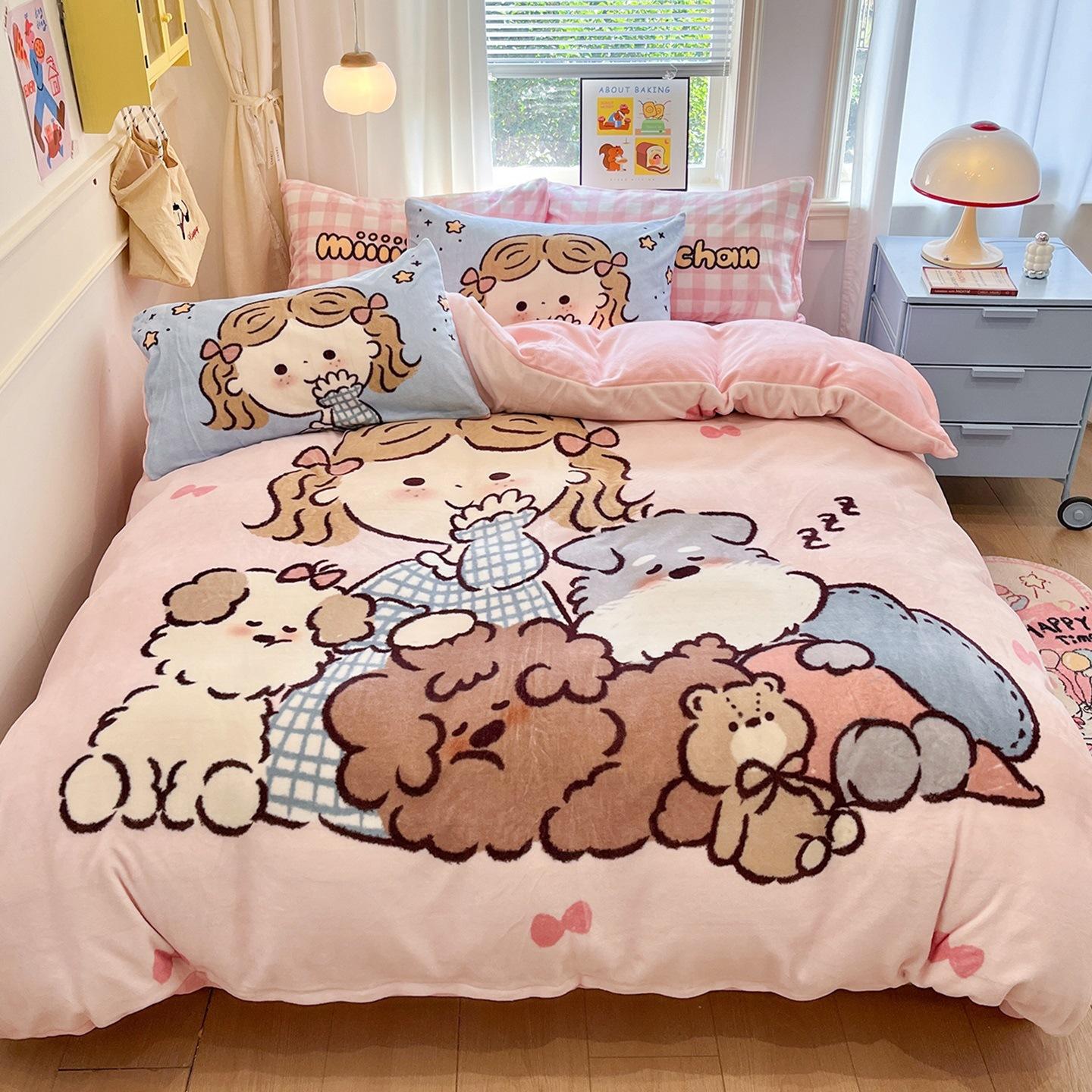 

Thickened Milk Fleece Bed Four-Piece Set Coral Flannel Quilt Cover Children S Bedding Sheets Three-Piece Set 3pc 150x200 quilt