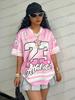 Pink Digital Print T-shirt, Summer Women's Sporty, Fashionable, Youthful, Street Style Casual Top.