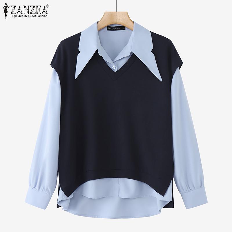 ZANZEA Women Casual Fake Two-Piece Long Sleeve Contrast Color Shirts