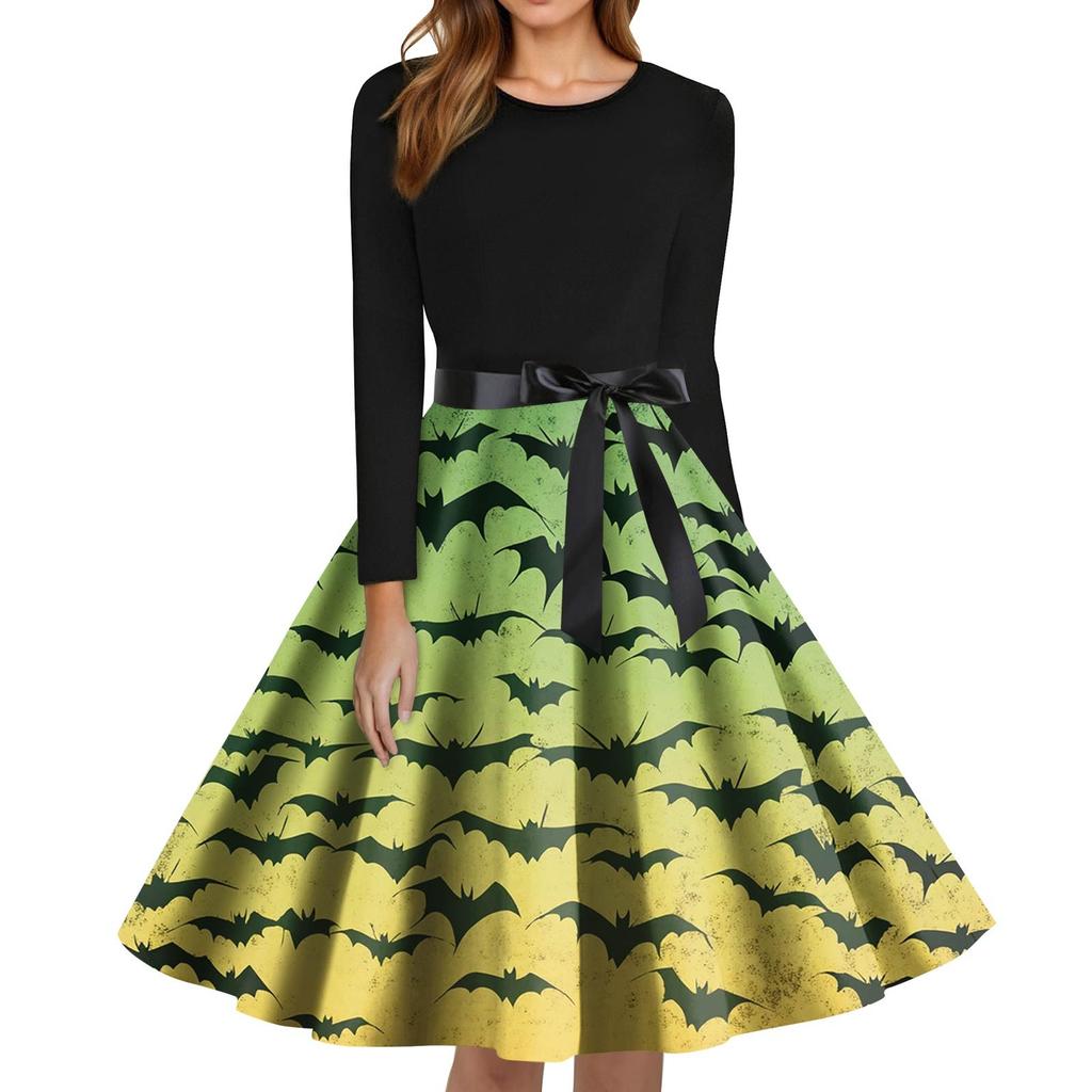 Women's Fashion O-Neck Casual Slim Fit Halloween Printed Long Sleeve Dress