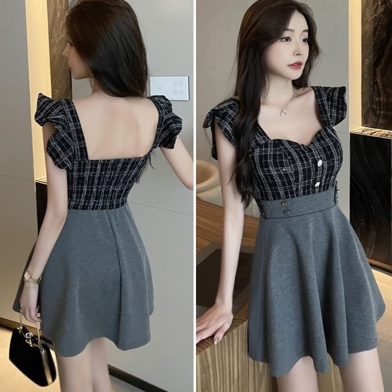 ISLAYCAOLILA DY3 Barbara Mini Club Party Flared Mini Dress Women's Dress, Dress, Dress, Dress, Dress, Checked, Sleeveless, Waist-Clubbed, A-Line