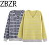 Za New Fall Women's Clothing 2025 Fashion Wind V Neck Stripes Jacquard Contrast Color Loose Atmosphere Pullover Knitted Sweater