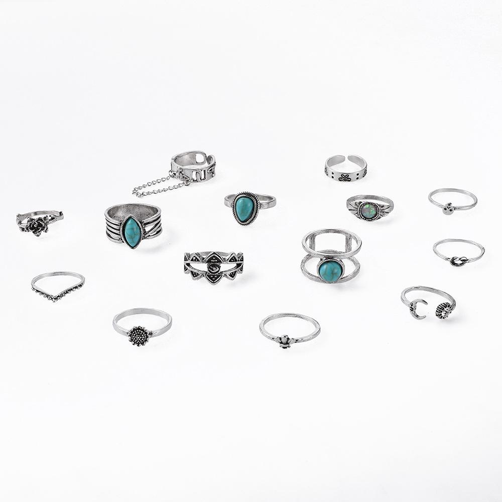 New European and American Bohemian Style Turquoise Ring with Unique Butterfly, Bee, and Floral Designs14Women's set