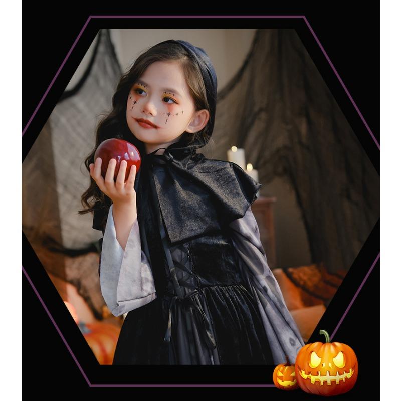 2026 Kids Skull Witch Vampire Cosplay Long Dress, Funny Horror Halloween Outfit