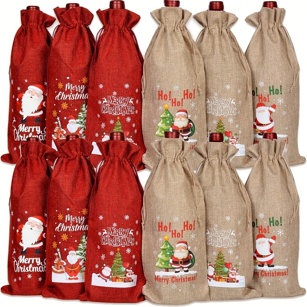 6/12pcs Festive Christmas Wine Bottle Gift Bags - Red & Khaki Tote Bags with Santa Claus, Christmas Trees, and Holiday Greetings