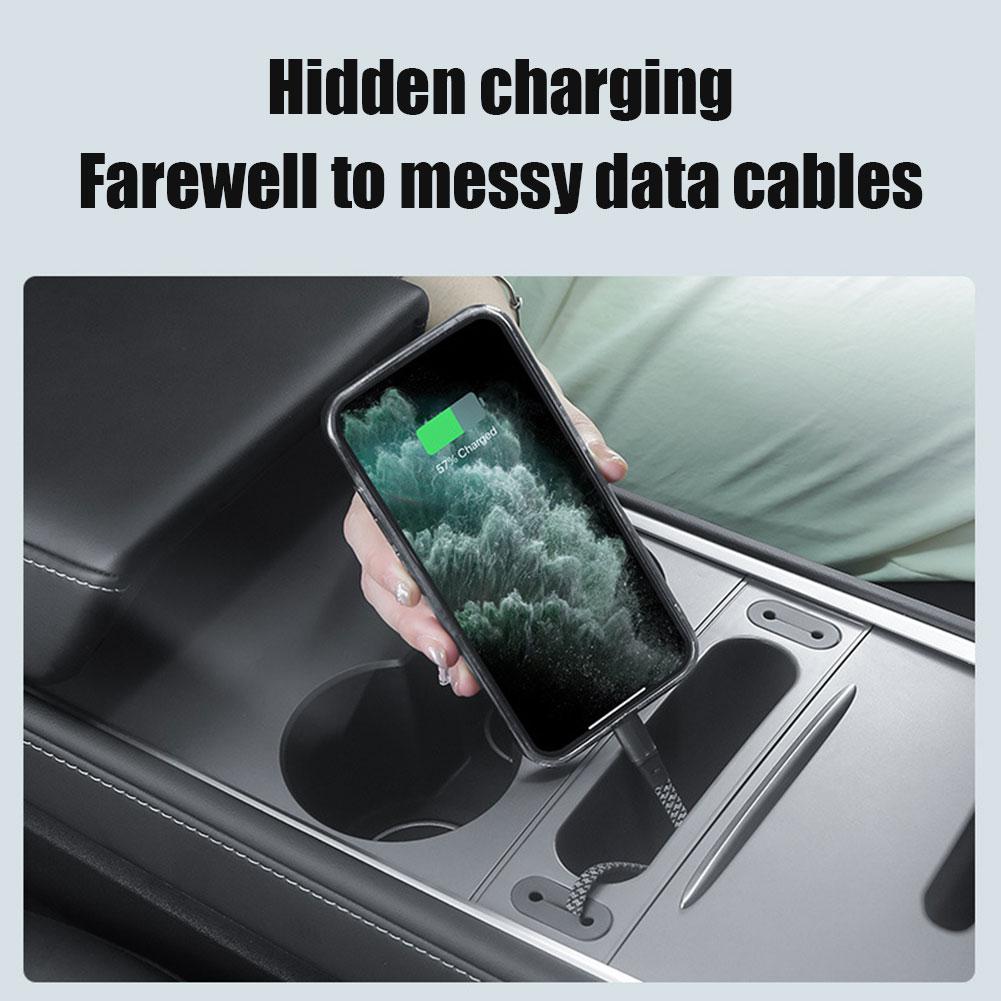 for Tesla Y Phone Charging Cable Clip Management Center Console Hub Organizer Interior Central Control Threading Box