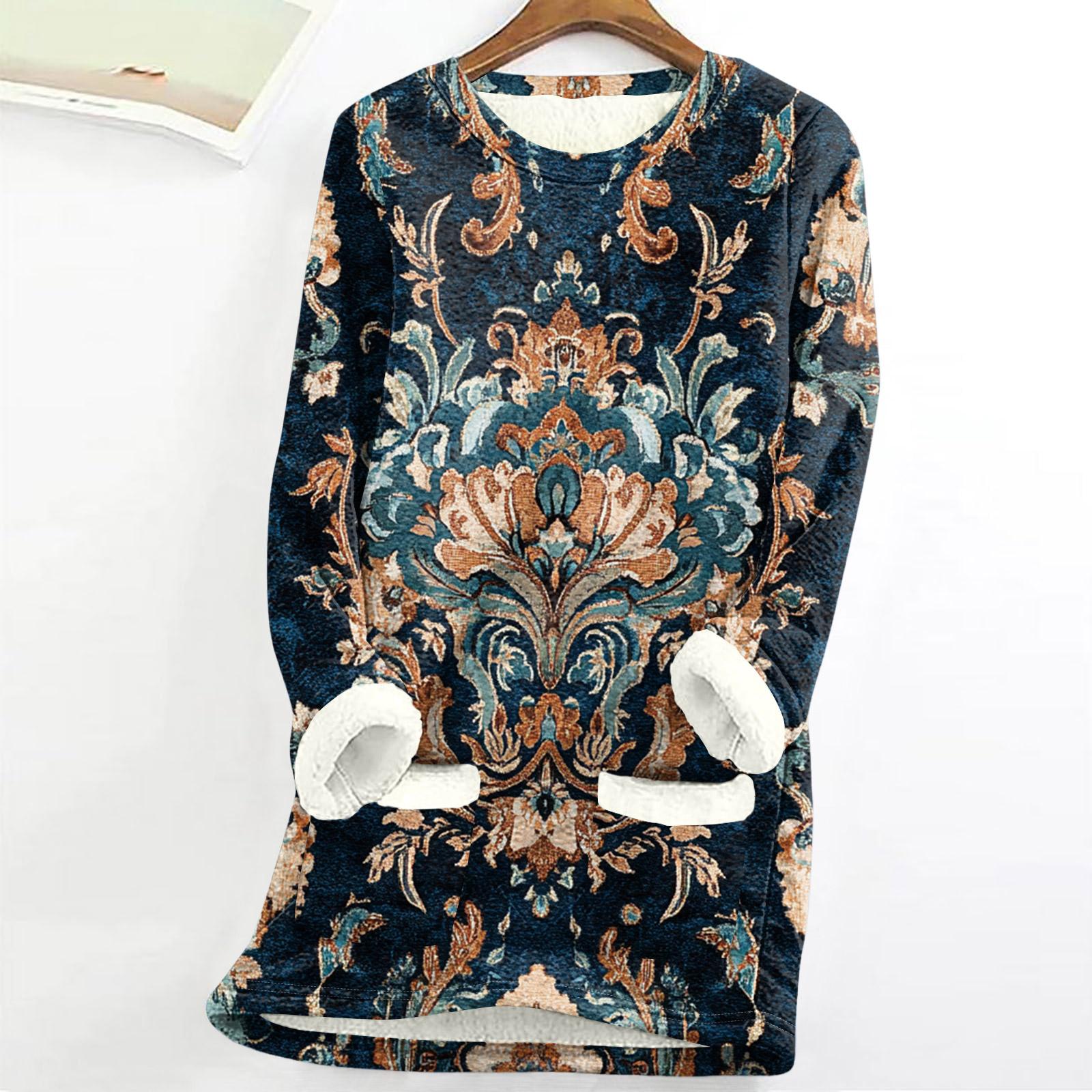 

Женский топ с круглым вырезом и принтом из утолщенного плюша и кашемира, теплый длинный топ XXXL