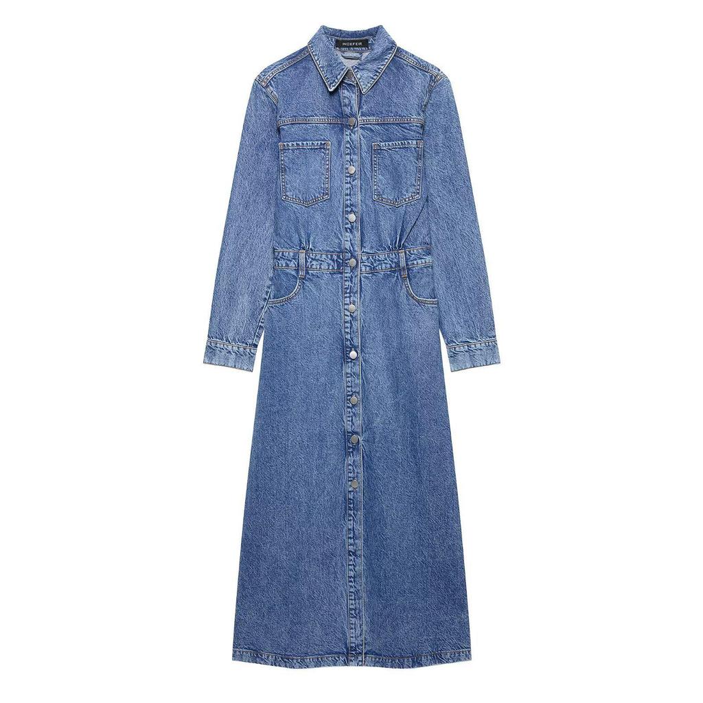 Spring Women's Denim Lapel Long Sleeve Dress