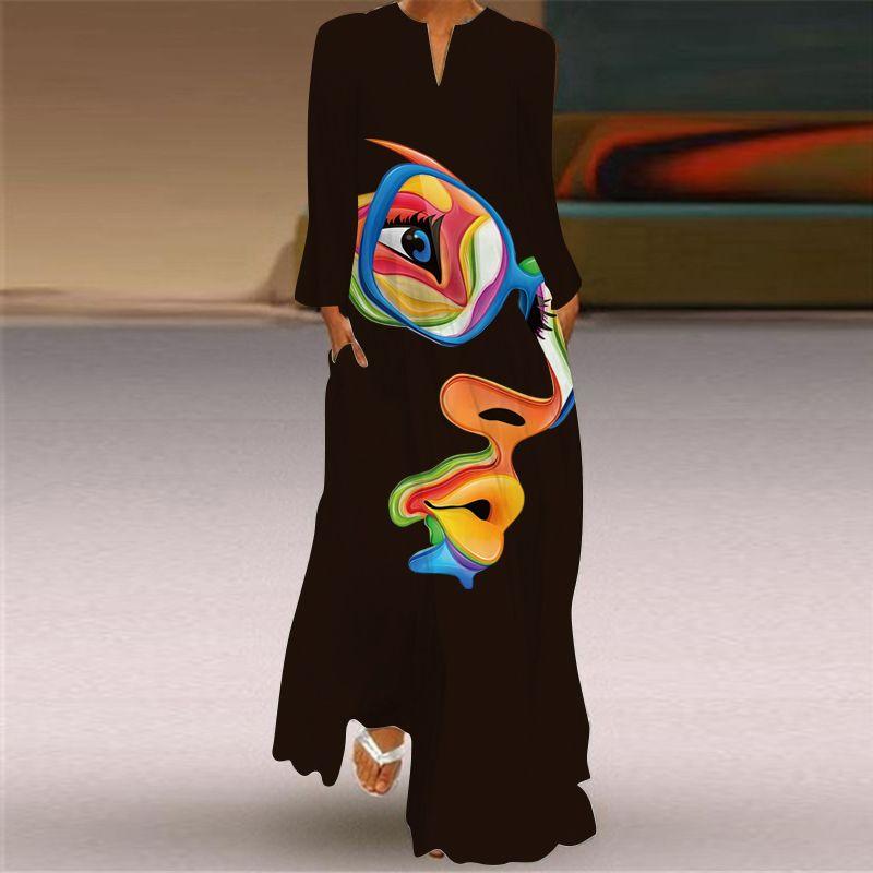 Long Sleeve Dress Classical Beauty Pattern Print Dress Stage Show Performance Wear Travel Photography Clothes