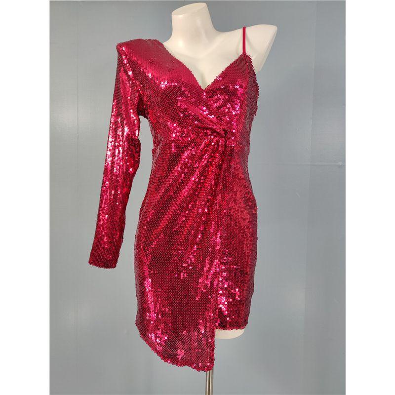 

European and American Single Fashion Classic Women s Clothing Elegant Sequined Suspender Shiny Deep V Shoulder Long Sleeves Cross Irregular Skirt Red M