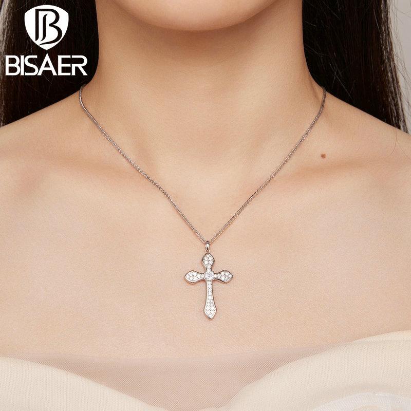 BISAER 925 Sterling Silver Cubic Zirconia Cross Pendant Necklace Chopin Chain Adjustable Plated Platinum Women Fine Jewelry