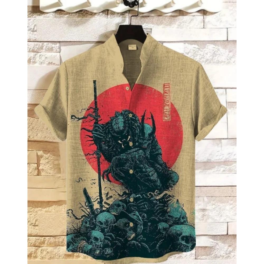 Men's Samurai Hawaiian Shirt Casual Short Sleeve Top Loose Clothing Fashion Retro Summer Shirt