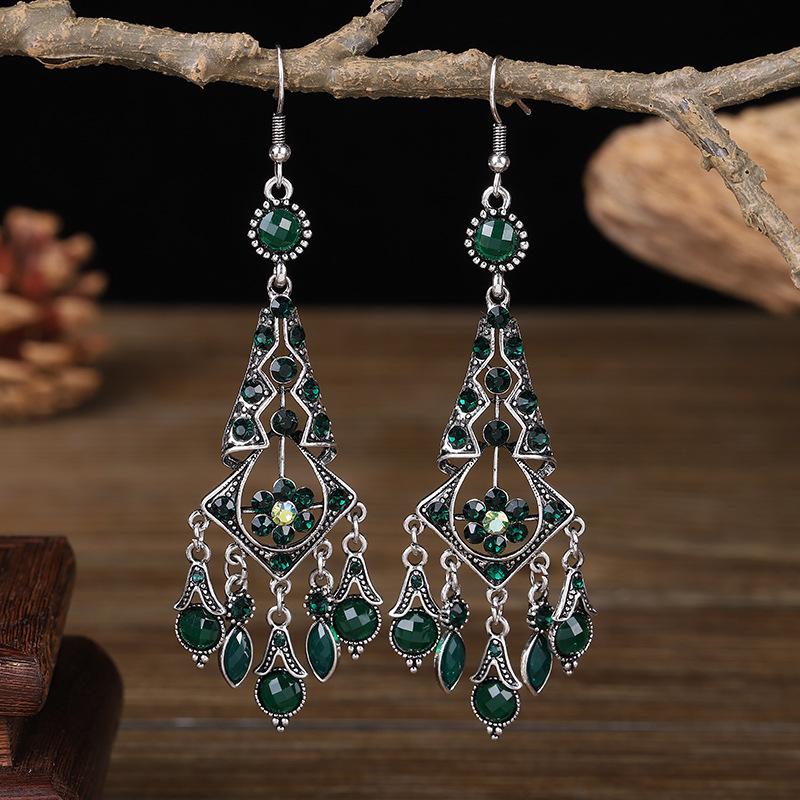 

Fashion Ethnic Women s Crystal Flower Drop Tassel Long Earrings Wedding Zircon Vintage Statement Bohemian Earrings Brincos зелений