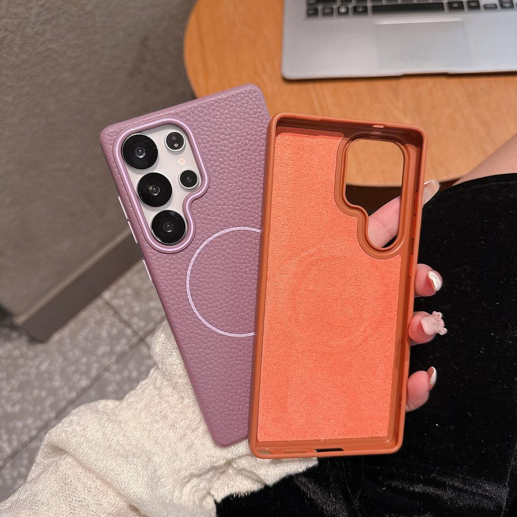 Lychee Pattern Suitable for Samsung S25 Ultra Simple Soft Shell Magnetic Suction Phone Case Samsung S25 Skin Sensing S24 Anti Slip Shell