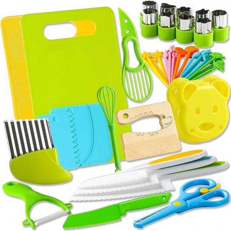 46-Piece Children's Safe Kitchen Set: Plastic Fruit & Vegetable Knives with Embossing Molds and Baby Food Tools. Multiple Styles Available.