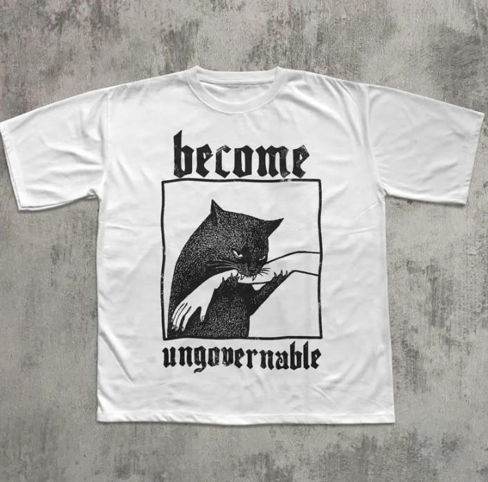 Become Ungovernable Funny Graphic Cat Biting Hand T-shirt, Vintage Graphic Tee XL
