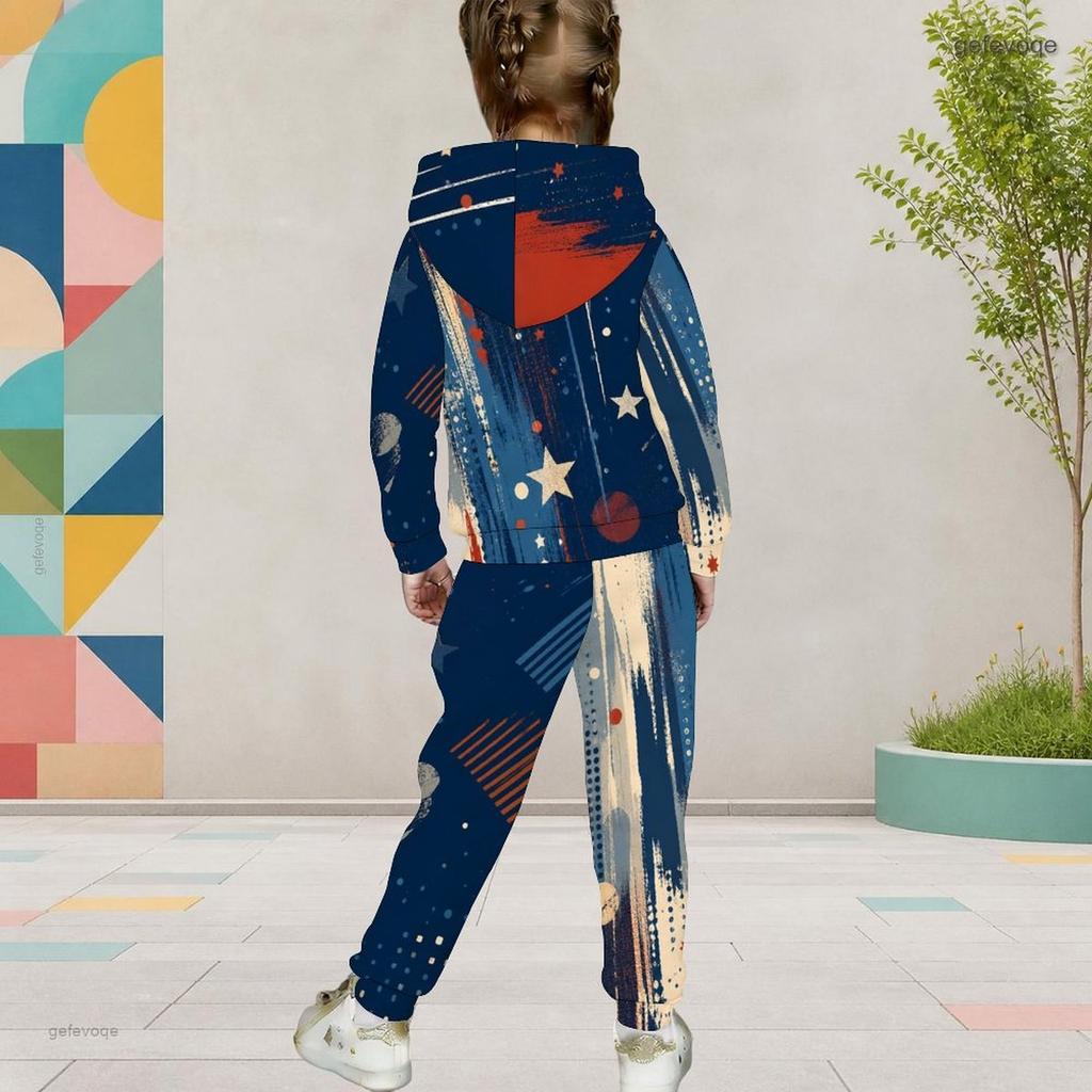 Girls Printed Hooded Long Sleeve Two Piece Pants Set Kangaroo Pocket Cuffed Sweatpants