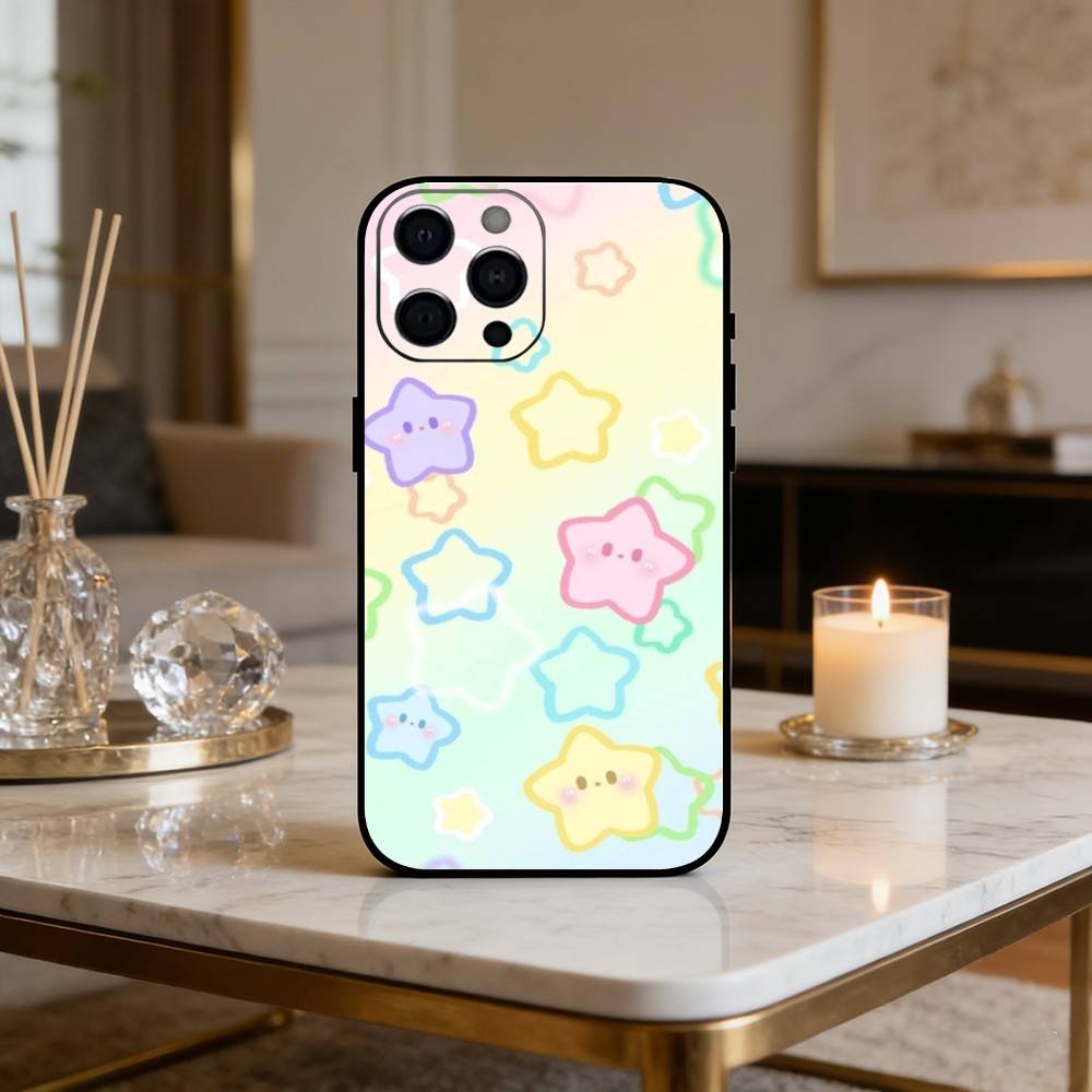 C-Cute cartoon star pattern Phone Case For iPhone 16,15,14,13,12,17,Pro Max,Plus Silicone Black Case