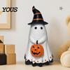 Halloween Home Decor Ghost Figurine, Cute Wearing Hat And Holding Holiday Vibes Pumpkin Statue, Resin Ornament for Shelf Tabletop Spooky Decoration