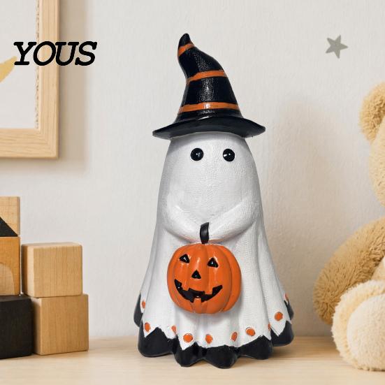 Halloween Home Decor Ghost Figurine, Cute Wearing Hat And Holding Holiday Vibes Pumpkin Statue, Resin Ornament for Shelf Tabletop Spooky Decoration