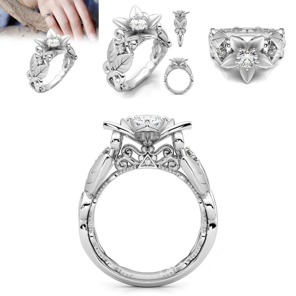 Exquisite Silver Floral Leaf Ring For Women Creative Zirconia Jewelry Ideal Gift