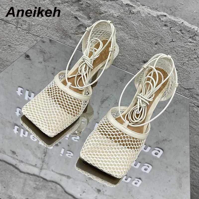 Fashion 2025 Summer Sexy Mesh Pumps Sandals Female Square Toe High Heel Lace Up Cross-Tied Stiletto Hollow Dress Party Shoes 43