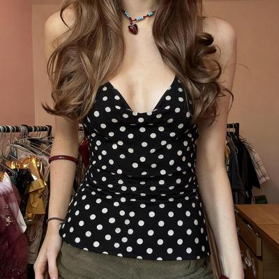 Scharfes Polka-Dot V-Ausschnitt Neckholder Top: Europäisch-Amerikanische Sexy Mode, Lässiges Netz-Rückenfrei, Figurbetontes Sommer-Outfit