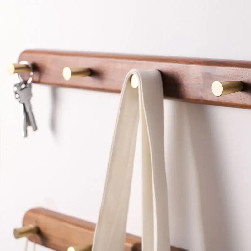 1pc Solid Wood Brass Coat Hook, Black Walnut Wood Coat Hanger, Clothing Hooks,Wall Mounted Storage Rack Drilling Installation