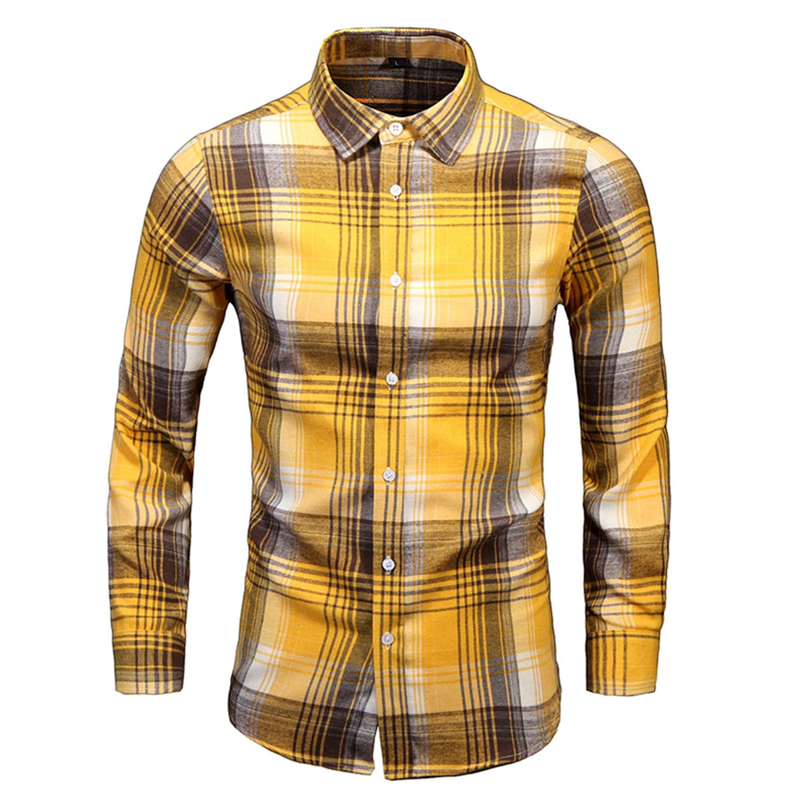 Men s Loose Plaid Shirt Large Fashion Casual Long-sleeved Shirt XL жёлтый