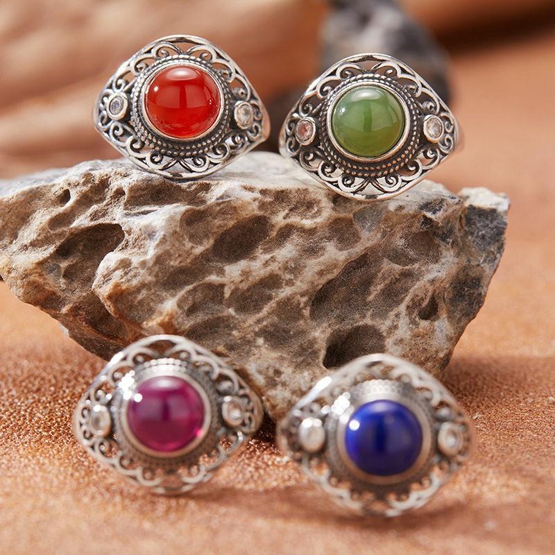 Adjustable Vintage Boho Ring Women Men Natural Stone Jewelry Geometric Hollow Design Copper Band