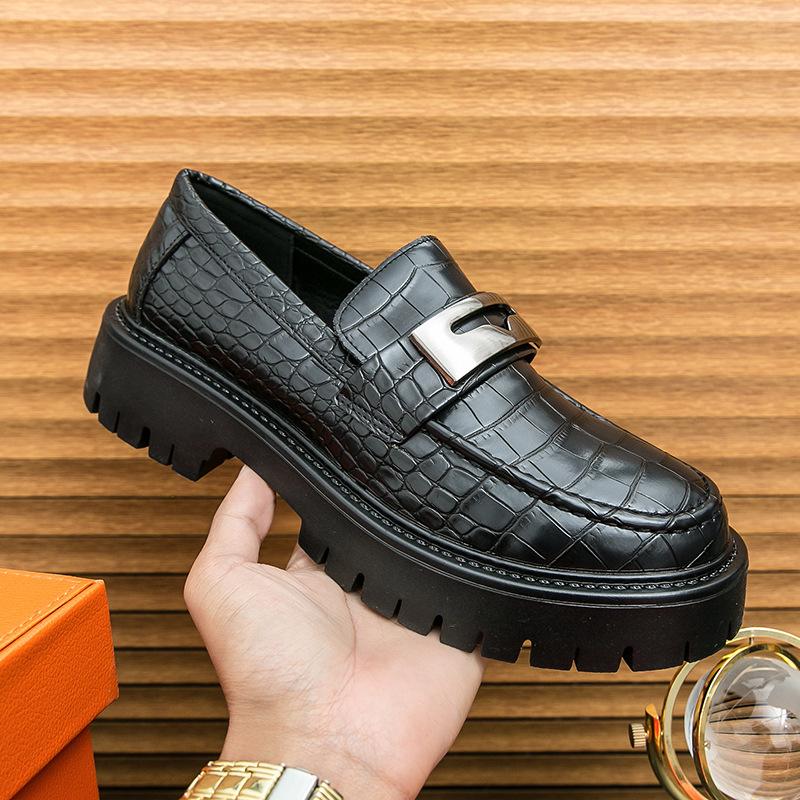 Men's Glossy Leather Thick-Soled Loafers - British Style Slip-On, Large Size, for Spring & Autumn