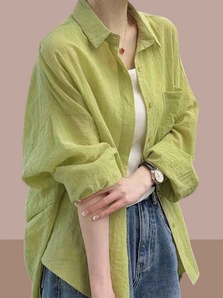 Summer Women's Loose Mint Green Length Sun Protection Shirt Stylish Versatile Long Sleeve Shirt Commute