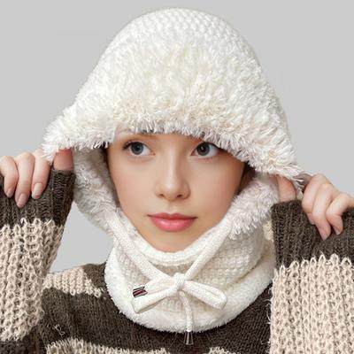 Couvre-chef tricoté Couleur unie 3-en-1 Femme Bonnet tricoté Écharpe Protection faciale Coupe-vent Ski Randonnée Doublure polaire Bandeau d'hiver