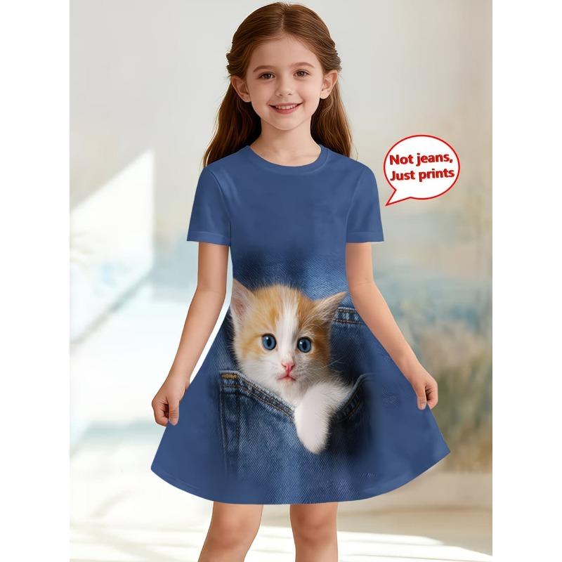 Dress for Girls Fashion Cowboy Print Fake Two-Piece Set Short Sleeve Summer Dresses Casual Round Neck A-Line Dress Girl Clothes