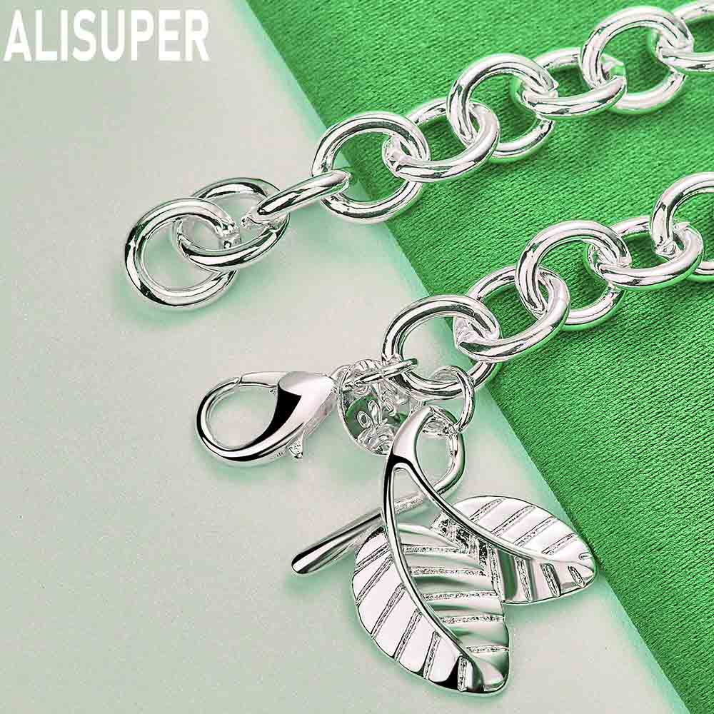925 Sterling Silver Charming Side Chain Double Leaf Bracelet Gift Jewelry