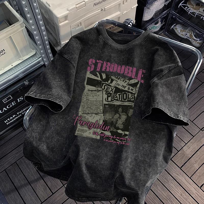 

Washed and Old Heavy Shortsleeved Tshirt Mens Summer Oversize American Retro High Street Trendy Brand Halfsleeved Top M