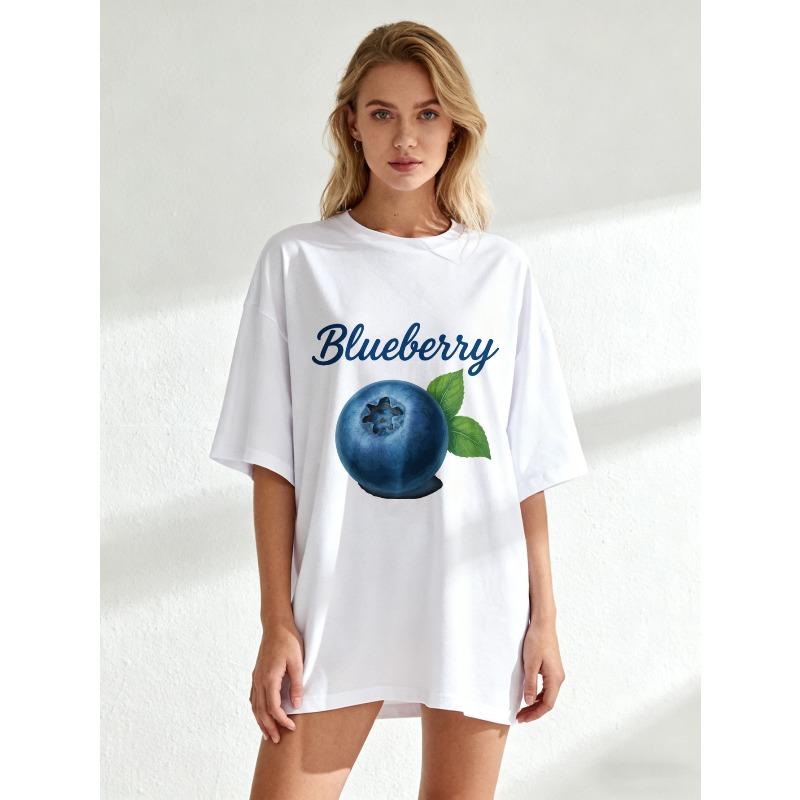 Koszulka Oversize Czarna Nadruk Owoców Borówki i Tekstu Odzież Codzienna Dla Kobiet Letni Strój Moda Streetwear Top