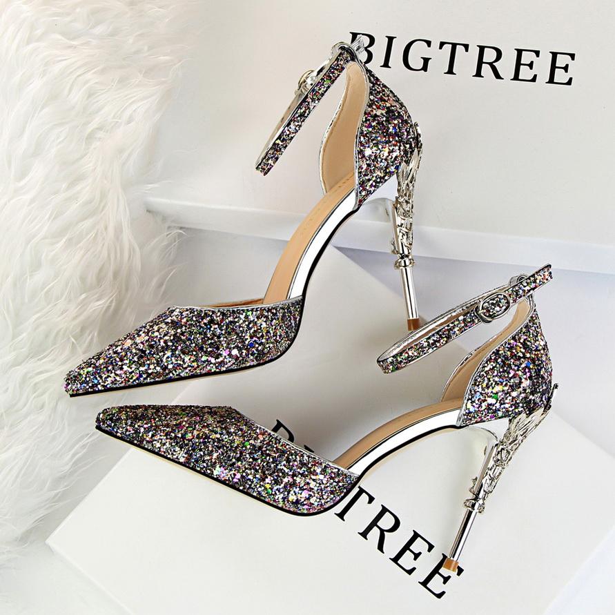Bigtree European and American Fashion Sexy Hollow Out Nightclub Show Metal Heel  9.5cm High Heel Sparkle Sequins with Sandals