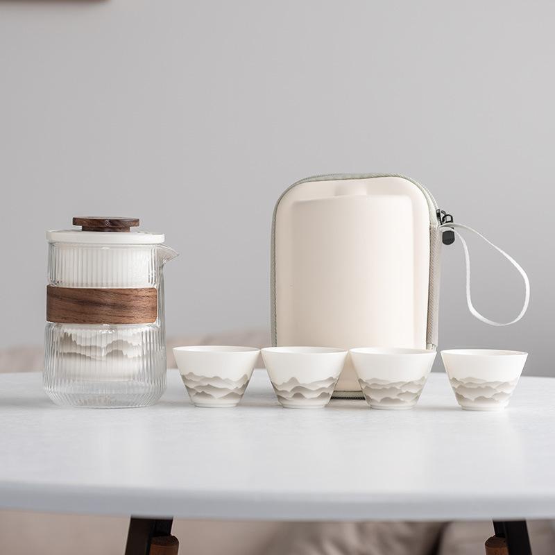 Suet Jade White Porcelain Guochao Ink and Wash Travel Tea Set, a Pot of Four or Six Cups, New Chinese Express Cup Light Luxury Business Gifts
