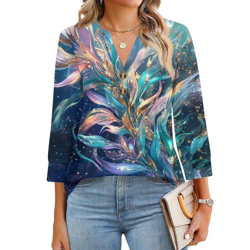 Women's T Shirt Print Button 3/4 Sleeve Daily Weekend Fashion Basic V- Neck Regular Top
